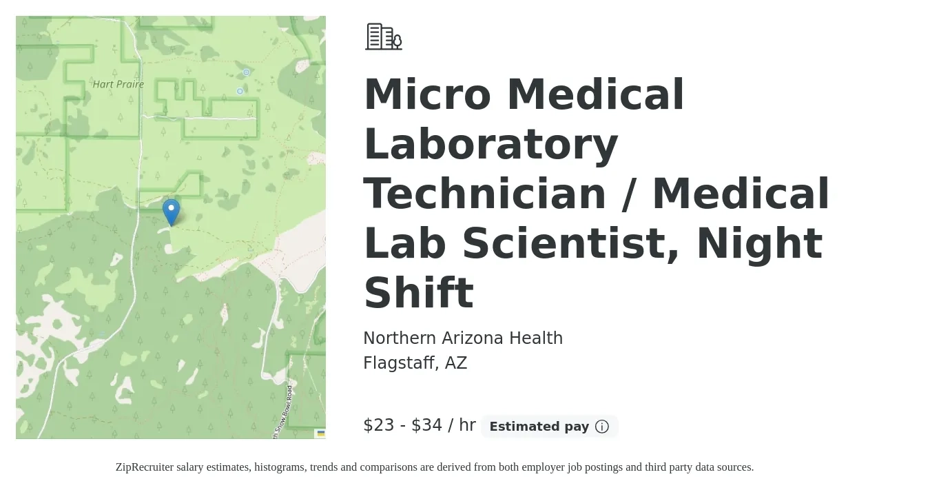 Northern Arizona Healthcare Corporation job posting for a Medical Laboratory Technician / Medical Lab Scientist, Night Shift in Flagstaff, AZ with a salary of $24 to $36 Hourly with a map of Flagstaff location.