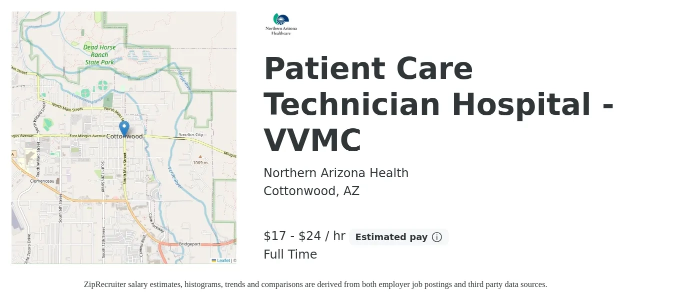 Northern Arizona Health job posting for a Patient Care Technician Hospital - VVMC in Cottonwood, AZ with a salary of $18 to $26 Hourly with a map of Cottonwood location.