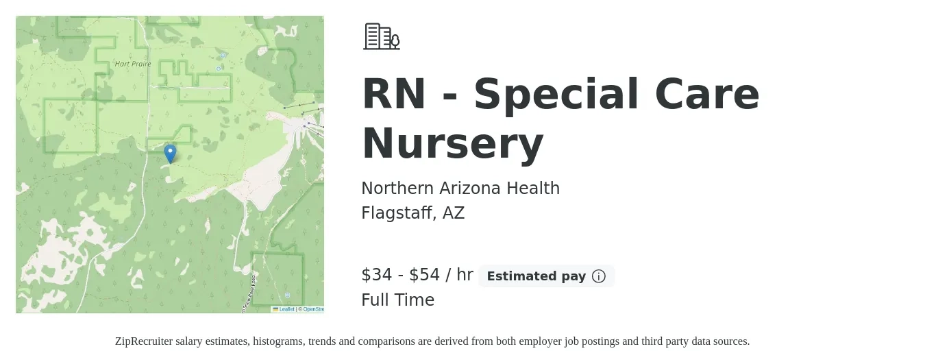 Northern Arizona Health job posting for a RN - Special Care Nursery in Flagstaff, AZ with a salary of $36 to $57 Hourly with a map of Flagstaff location.