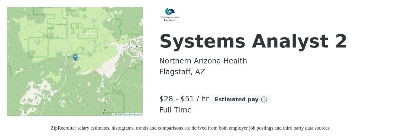 Northern Arizona Health job posting for a Systems Analyst 2 in Flagstaff, AZ with a salary of $30 to $53 Hourly with a map of Flagstaff location.