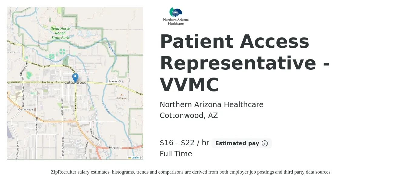 Northern Arizona Healthcare job posting for a Patient Access Representative - VVMC in Cottonwood, AZ with a salary of $16 to $20 Hourly with a map of Cottonwood location.