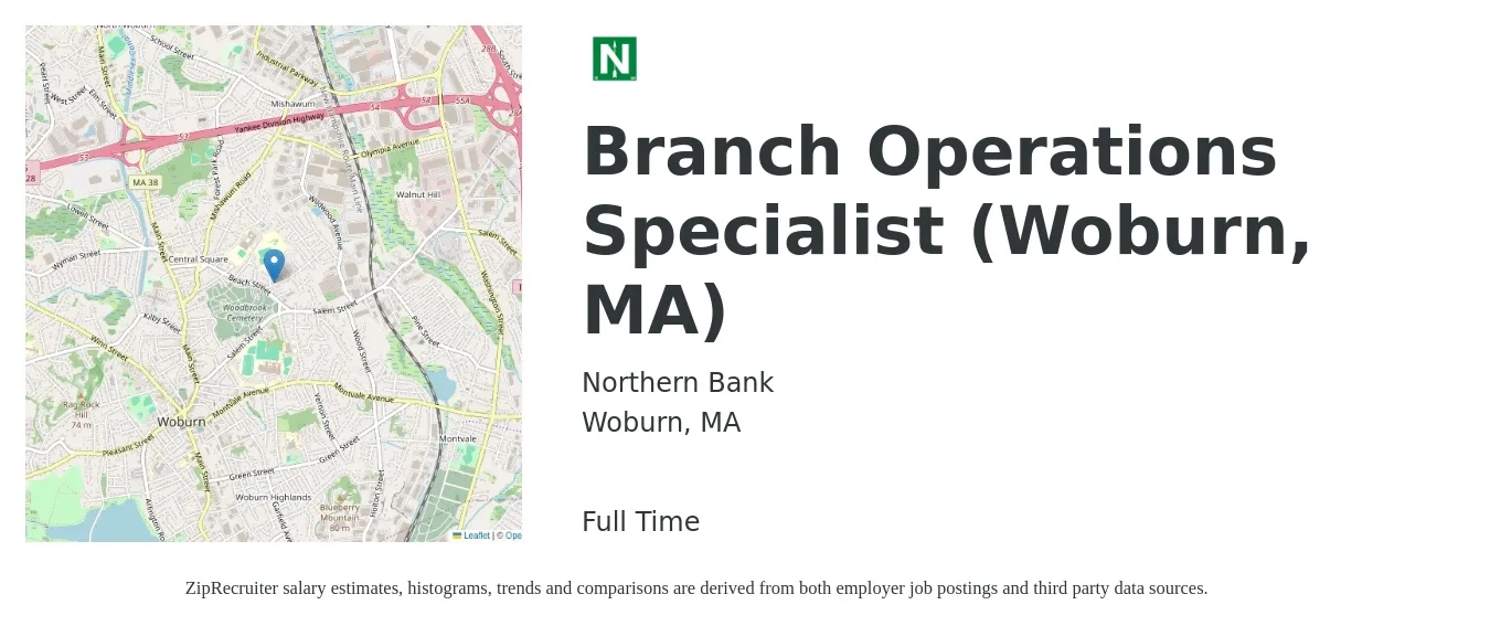 Northern Bank job posting for a Branch Operations Specialist (Woburn, MA) in Woburn, MA with a salary of $20 to $27 Hourly with a map of Woburn location.
