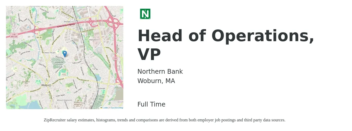 Northern Bank job posting for a Head of Operations, VP in Woburn, MA with a salary of $123,300 to $197,500 Yearly with a map of Woburn location.