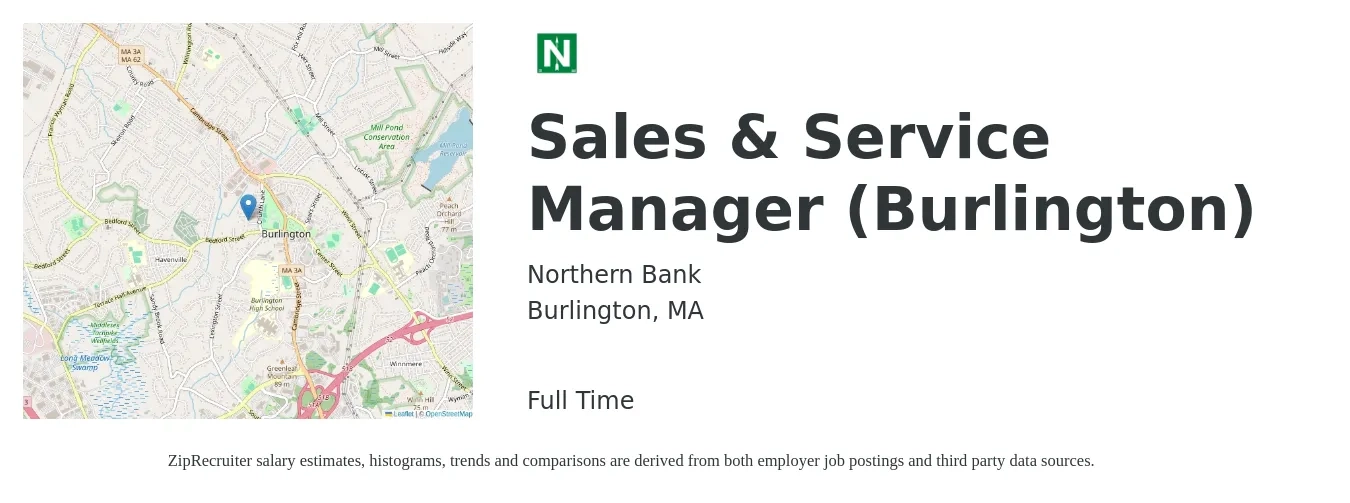 Northern Bank job posting for a Sales & Service Manager (Burlington) in Burlington, MA with a salary of $49,000 to $87,000 Yearly with a map of Burlington location.