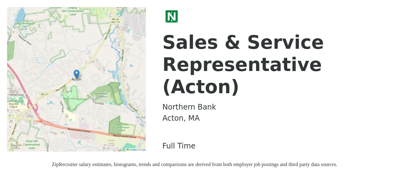 Northern Bank job posting for a Sales & Service Representative (Acton) in Acton, MA with a salary of $44,000 to $77,100 Yearly with a map of Acton location.