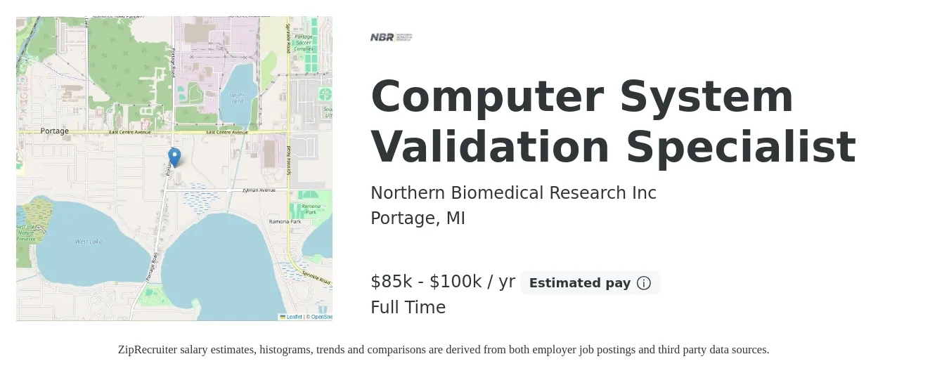 Northern Biomedical Research Inc job posting for a Computer System Validation Specialist in Portage, MI with a salary of $85,000 to $100,000 Yearly with a map of Portage location.