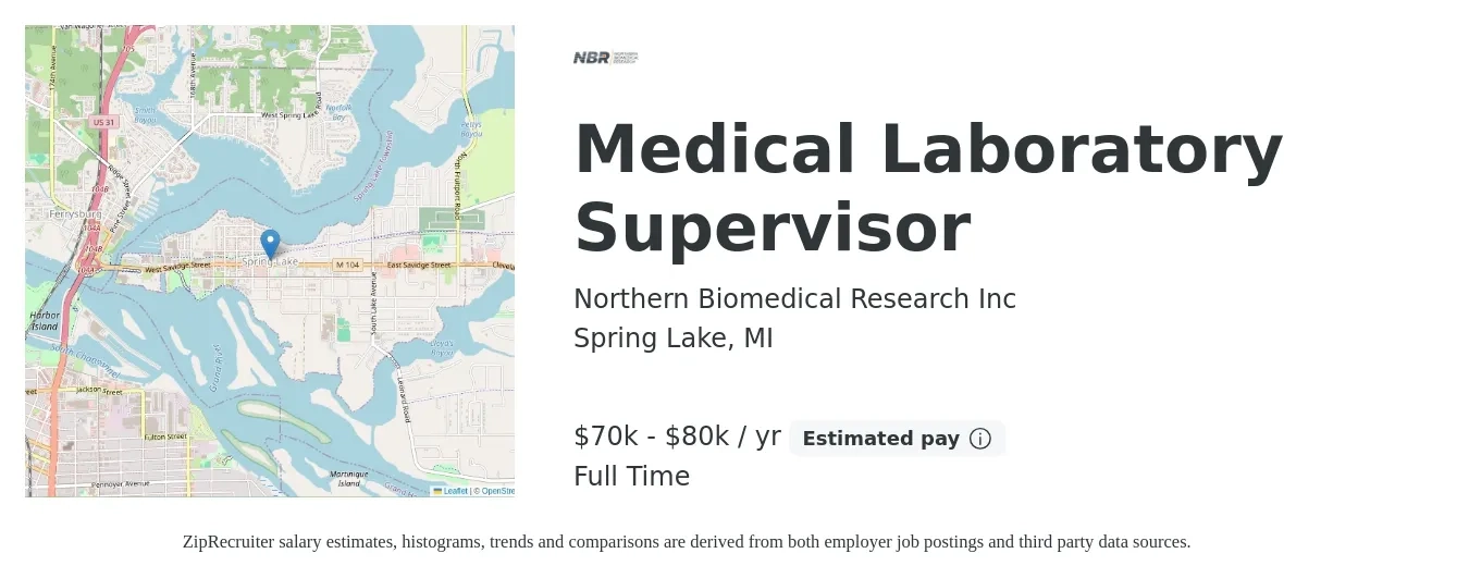 Northern Biomedical Research Inc job posting for a Medical Laboratory Supervisor in Spring Lake, MI with a salary of $70,000 to $80,000 Yearly with a map of Spring Lake location.