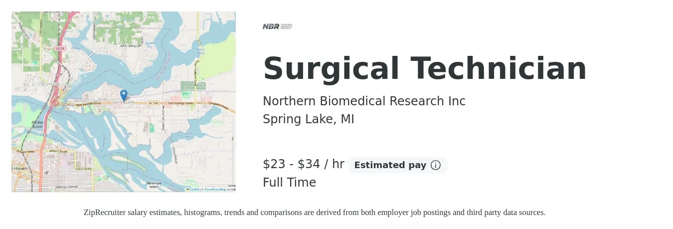 Northern Biomedical Research Inc job posting for a Surgical Technician in Spring Lake, MI with a salary of $24 to $36 Hourly with a map of Spring Lake location.