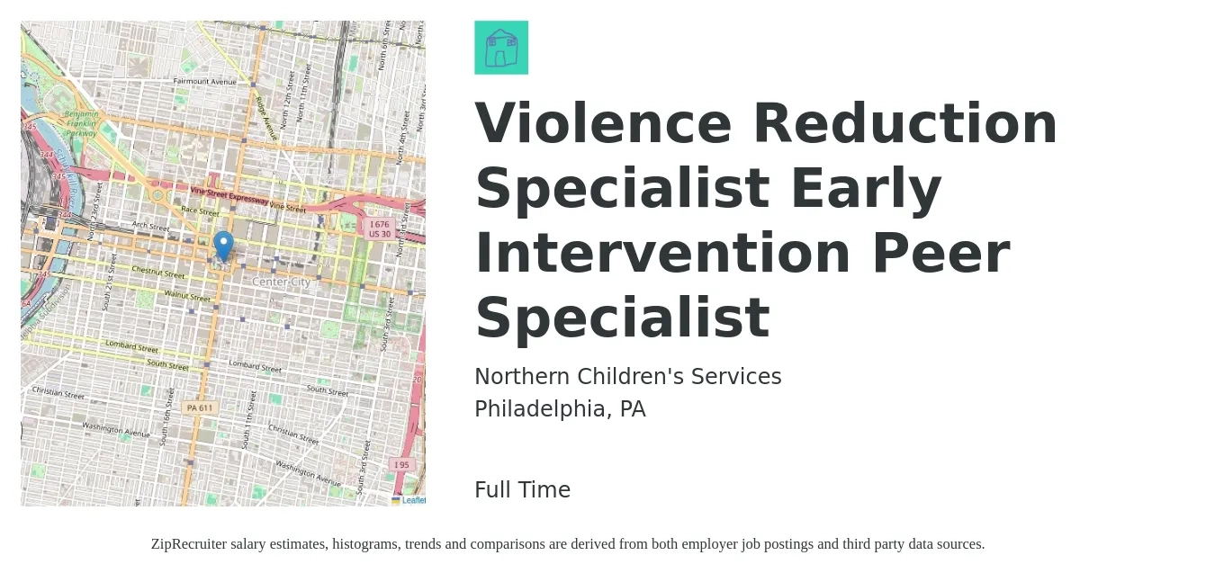 Northern Children's Services job posting for a Violence Reduction Specialist Early Intervention Peer Specialist in Philadelphia, PA with a salary of $38,300 to $52,600 Yearly with a map of Philadelphia location.