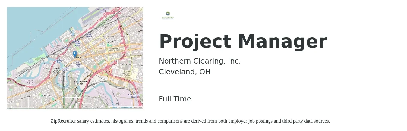 Northern Clearing Inc. job posting for a Project Manager in Cleveland, OH with a salary of $76,000 to $119,100 Yearly with a map of Cleveland location.