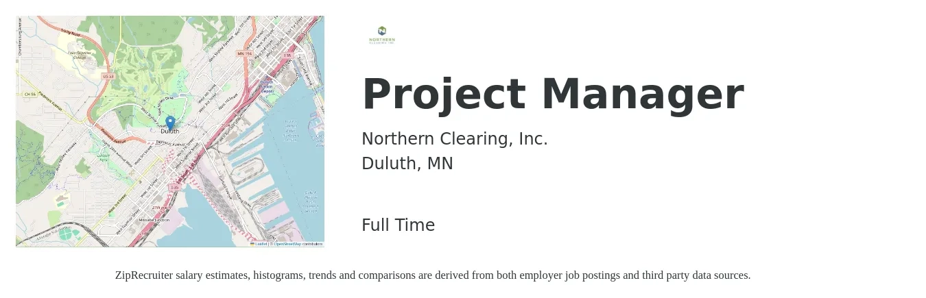 Northern Clearing Inc. job posting for a Project Manager in Duluth, MN with a salary of $78,000 to $122,200 Yearly with a map of Duluth location.