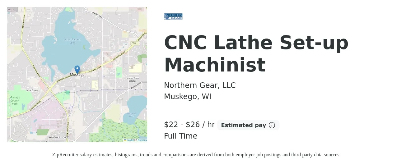Northern Gear job posting for a CNC Lathe Set-up Machinist in Muskego, WI with a salary of $23 to $28 Hourly with a map of Muskego location.