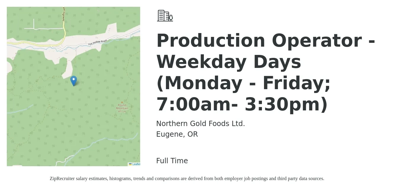Northern Gold Foods Ltd. job posting for a Production Operator - Weekday Days (Monday - Friday; 7:00am- 3:30pm) in Eugene, OR with a salary of $16 to $20 Hourly with a map of Eugene location.