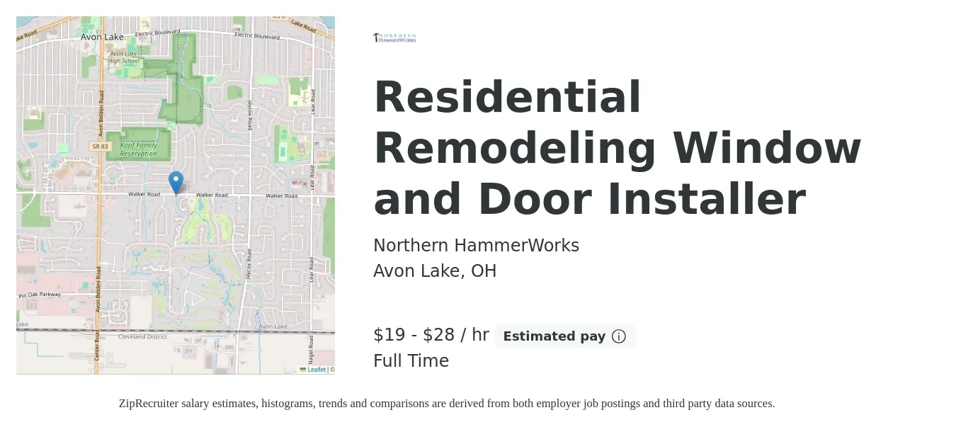 Northern HammerWorks job posting for a Residential Remodeling Window and Door Installer in Avon Lake, OH with a salary of $20 to $30 Hourly with a map of Avon Lake location.