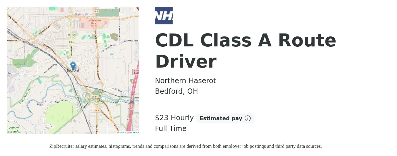 Northern Haserot job posting for a CDL Class A Route Driver in Bedford, OH with a salary of $24 Hourly with a map of Bedford location.
