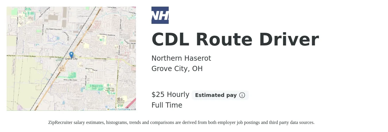 Northern Haserot job posting for a CDL Route Driver in Grove City, OH with a salary of $26 to $27 Hourly with a map of Grove City location.