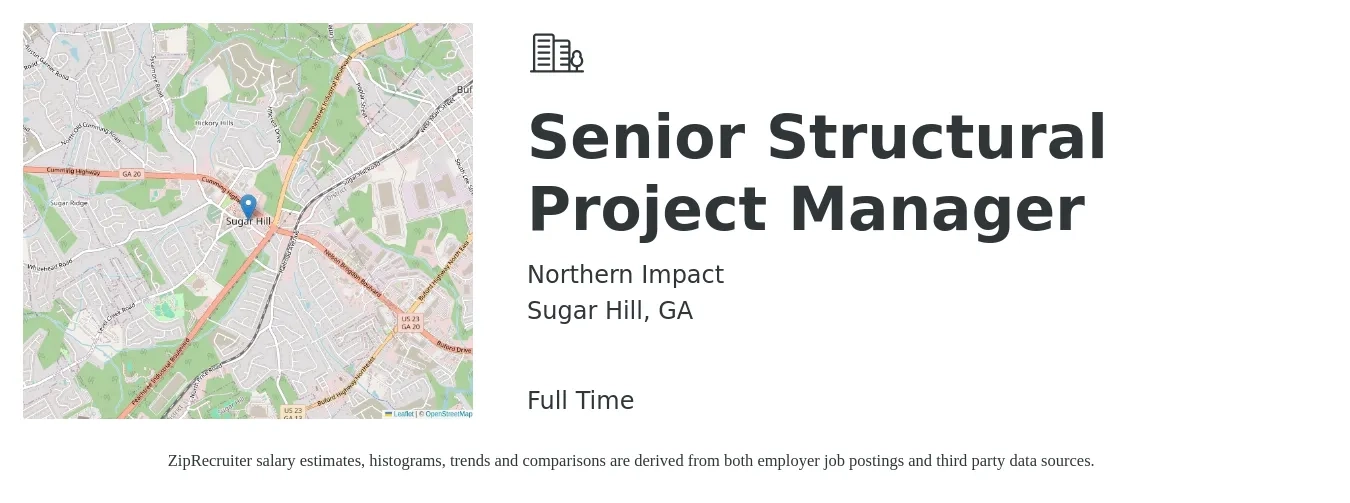 Northern Impact job posting for a Senior Structural Project Manager in Sugar Hill, GA with a salary of $91,600 to $124,500 Yearly with a map of Sugar Hill location.