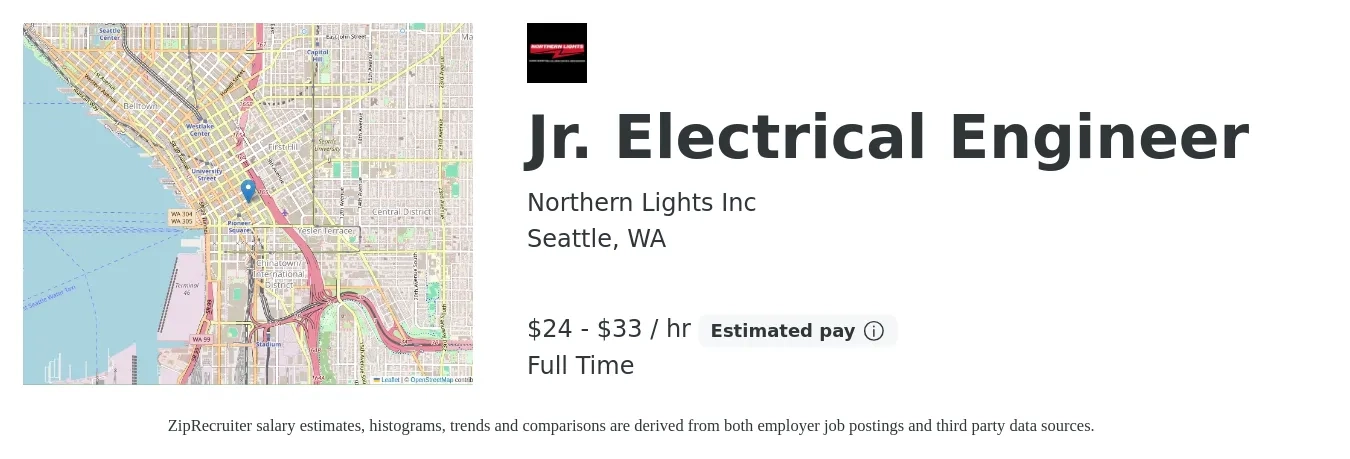 Northern Lights Inc job posting for a Jr. Electrical Engineer in Seattle, WA with a salary of $25 to $35 Hourly with a map of Seattle location.