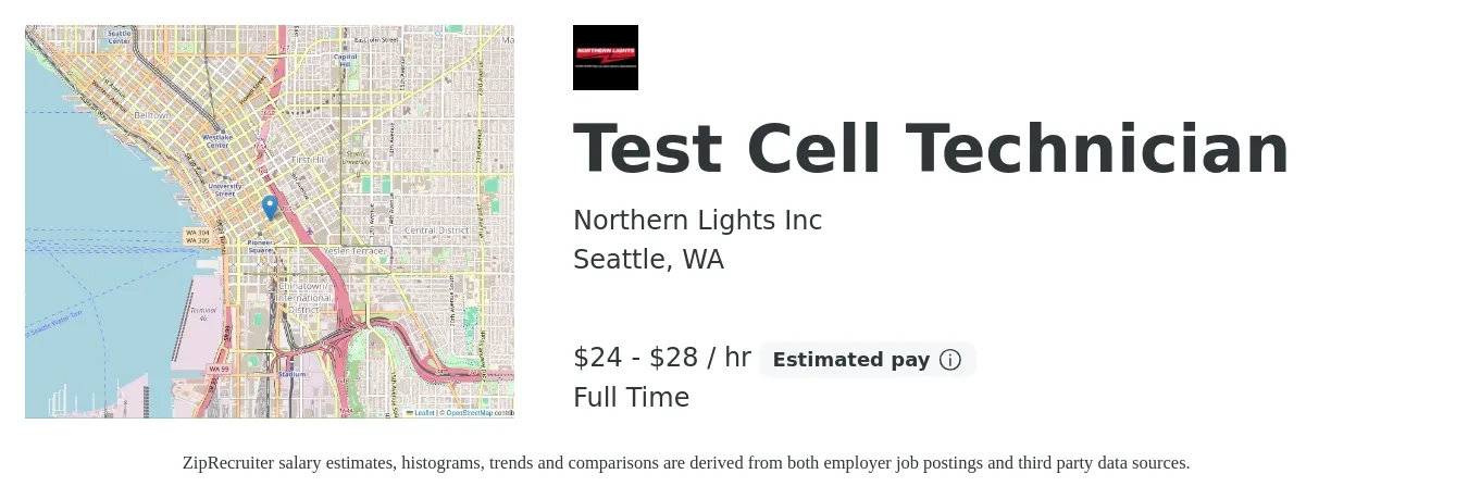 Northern Lights Inc job posting for a Test Cell Technician in Seattle, WA with a salary of $25 to $30 Hourly with a map of Seattle location.