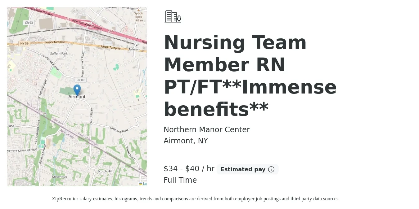 Northern Manor Center job posting for a Nursing Team Member RN PT/FT**Immense benefits** in Airmont, NY with a salary of $36 to $42 Hourly with a map of Airmont location.