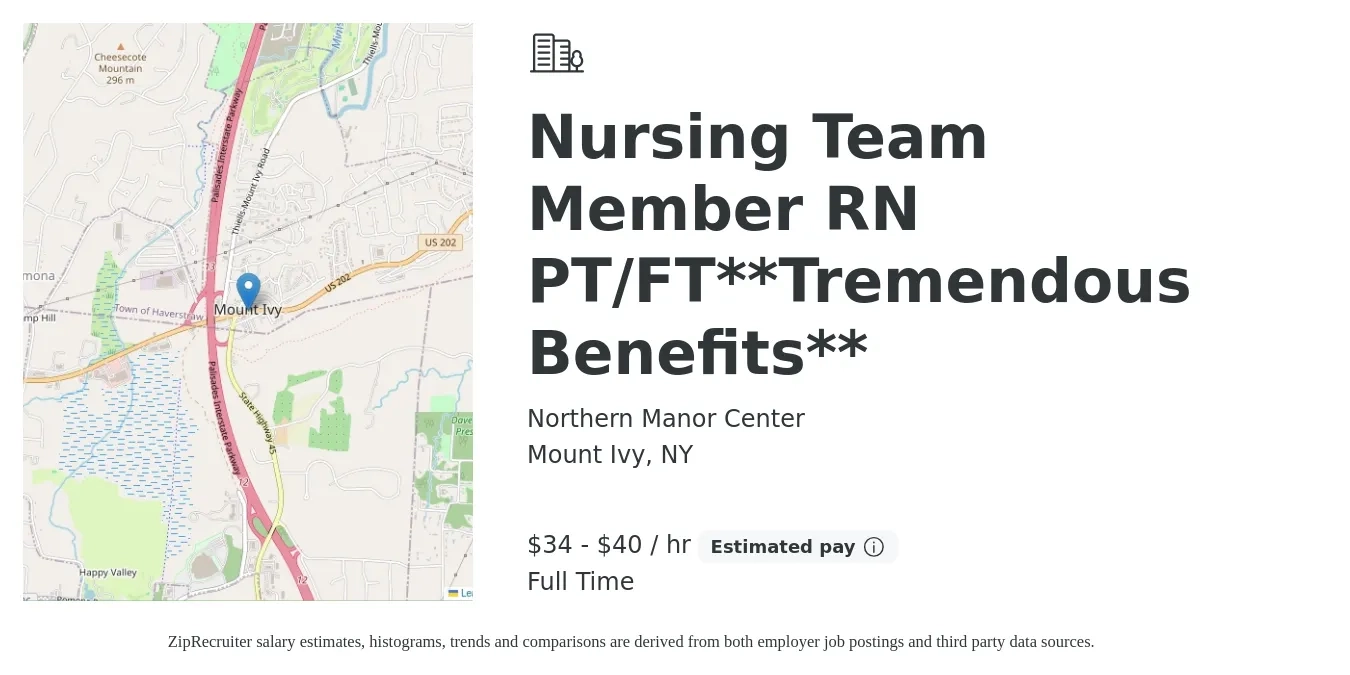 Northern Manor Center job posting for a Nursing Team Member RN PT/FT**Tremendous Benefits** in Mount Ivy, NY with a salary of $36 to $42 Hourly with a map of Mount Ivy location.