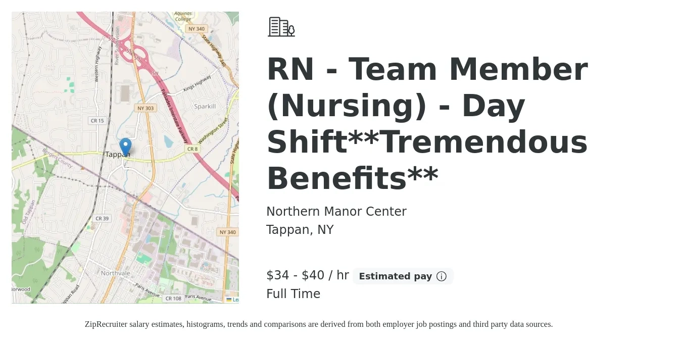 Northern Manor Center job posting for a RN - Team Member (Nursing) - Day Shift**Tremendous Benefits** in Tappan, NY with a salary of $36 to $42 Hourly with a map of Tappan location.