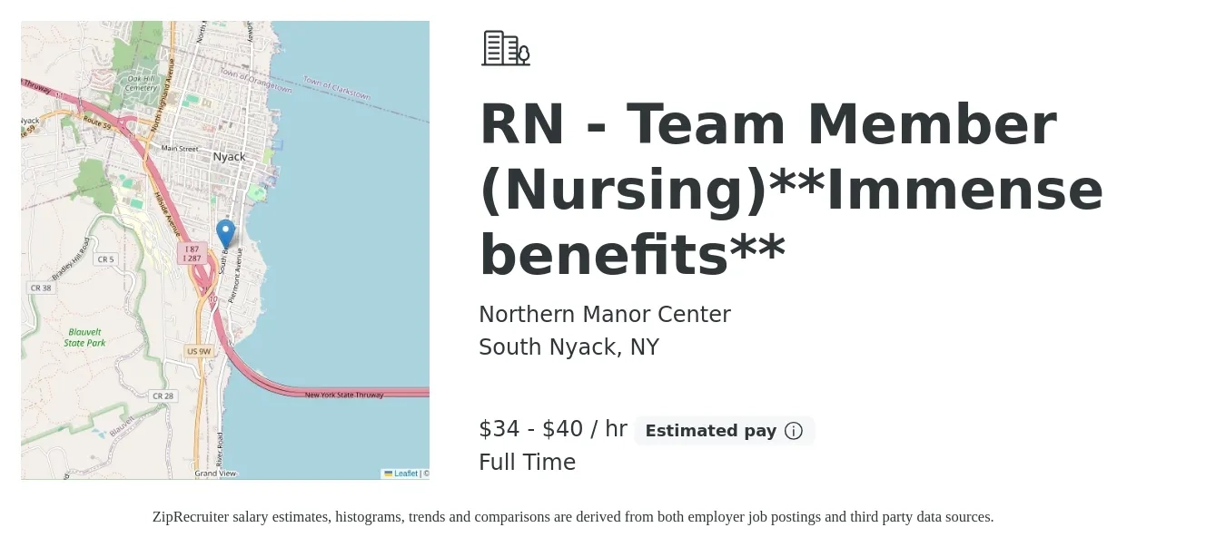 Northern Manor Center job posting for a RN - Team Member (Nursing)**Immense benefits** in South Nyack, NY with a salary of $36 to $42 Hourly with a map of South Nyack location.