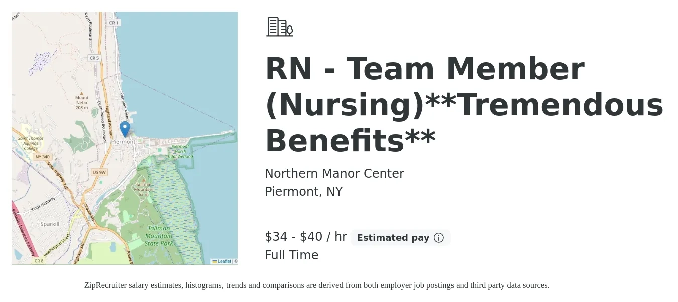 Northern Manor Center job posting for a RN - Team Member (Nursing)**Tremendous Benefits** in Piermont, NY with a salary of $36 to $42 Hourly with a map of Piermont location.