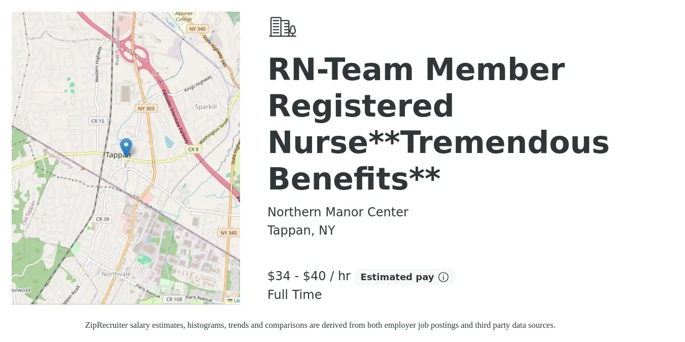 Northern Manor Center job posting for a RN-Team Member Registered Nurse**Tremendous Benefits** in Tappan, NY with a salary of $36 to $42 Hourly with a map of Tappan location.