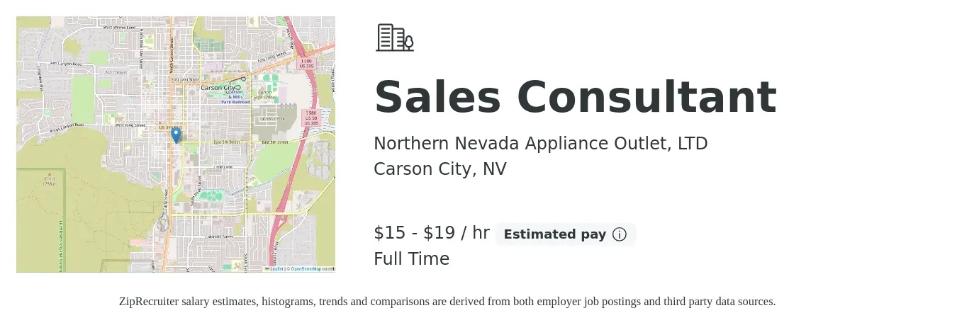 Northern Nevada Appliance Outlet, LTD job posting for a Sales Consultant in Carson City, NV with a salary of $16 to $20 Hourly with a map of Carson City location.