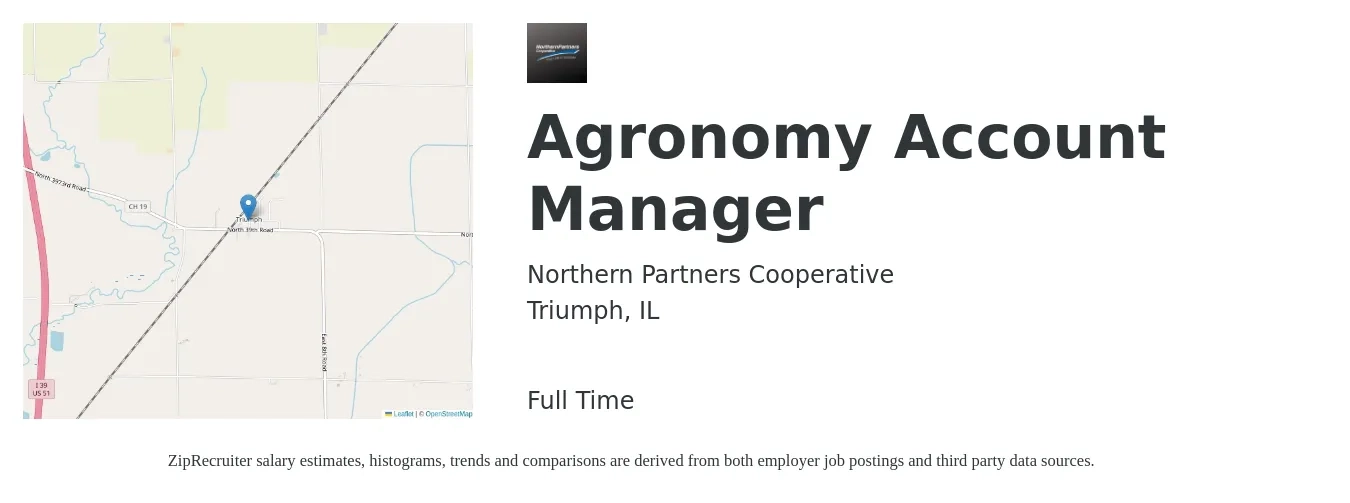 Northern Partners Cooperative job posting for a Agronomy Account Manager in Triumph, IL with a salary of $44,600 to $72,900 Yearly with a map of Triumph location.