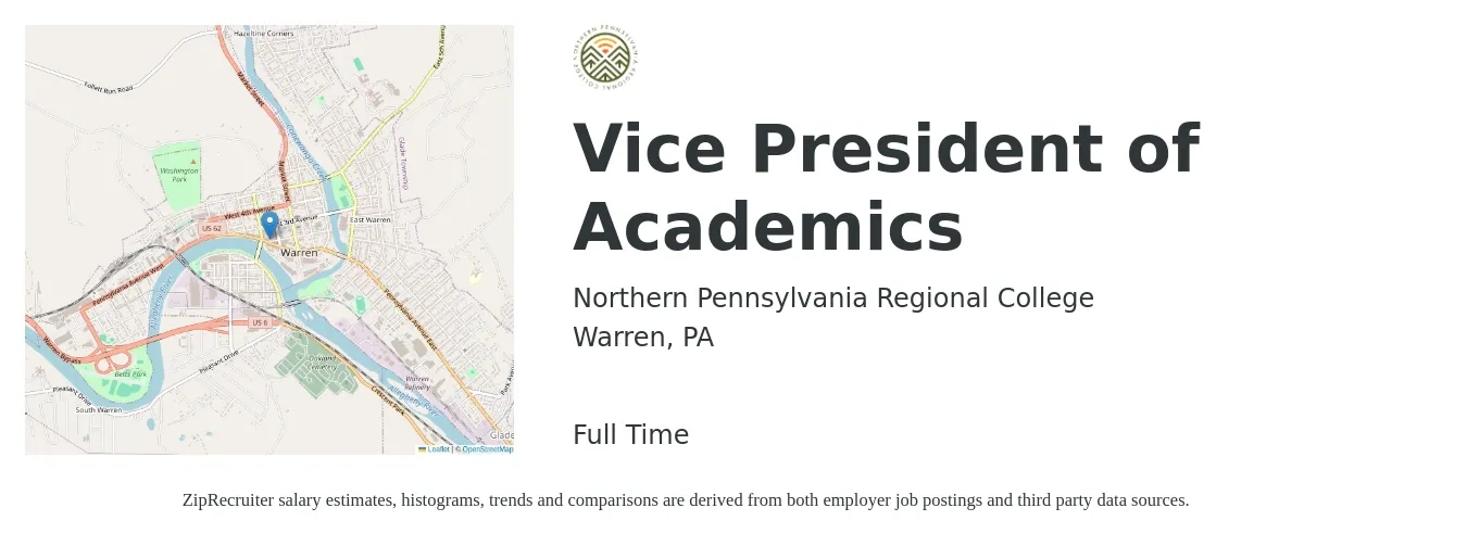 Northern Pennsylvania Regional College job posting for a Vice President of Academics in Warren, PA with a salary of $120,000 Yearly with a map of Warren location.