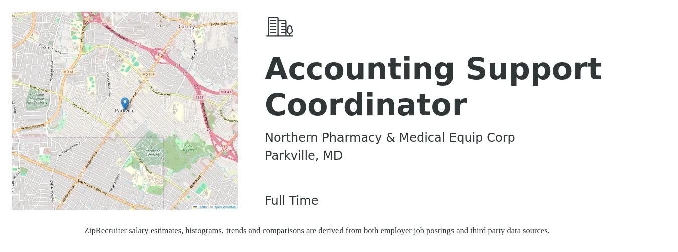 Northern Pharmacy & Medical Equip Corp job posting for a Accounting Support Coordinator in Parkville, MD with a salary of $21 to $27 Hourly with a map of Parkville location.