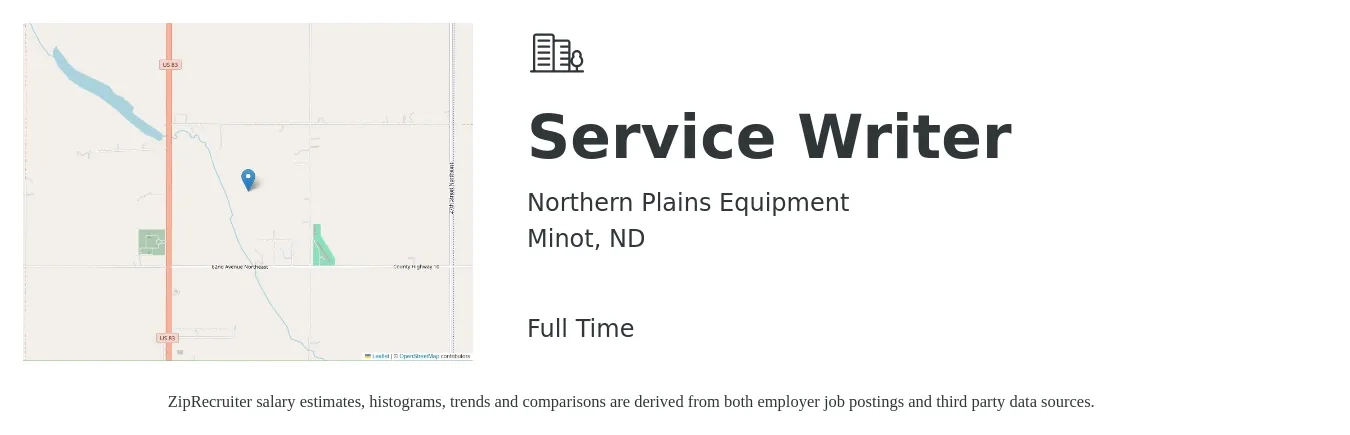 Northern Plains Equipment job posting for a Service Writer in Minot, ND with a salary of $19 to $29 Hourly with a map of Minot location.