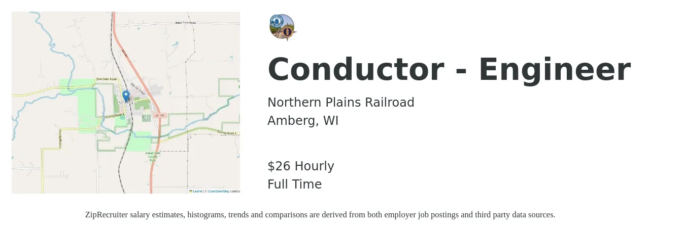 Northern Plains Railroad job posting for a Conductor - Engineer in Amberg, WI with a salary of $28 Hourly with a map of Amberg location.