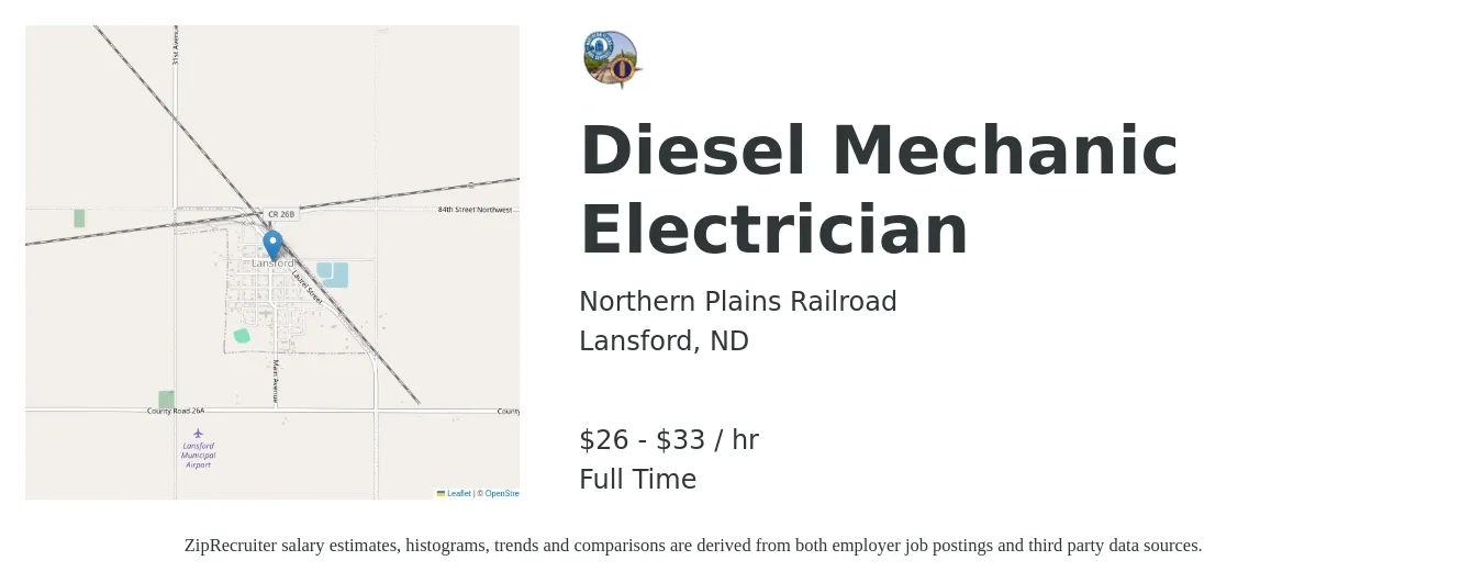 Northern Plains Railroad job posting for a Diesel Mechanic Electrician in Lansford, ND with a salary of $28 to $35 Hourly with a map of Lansford location.