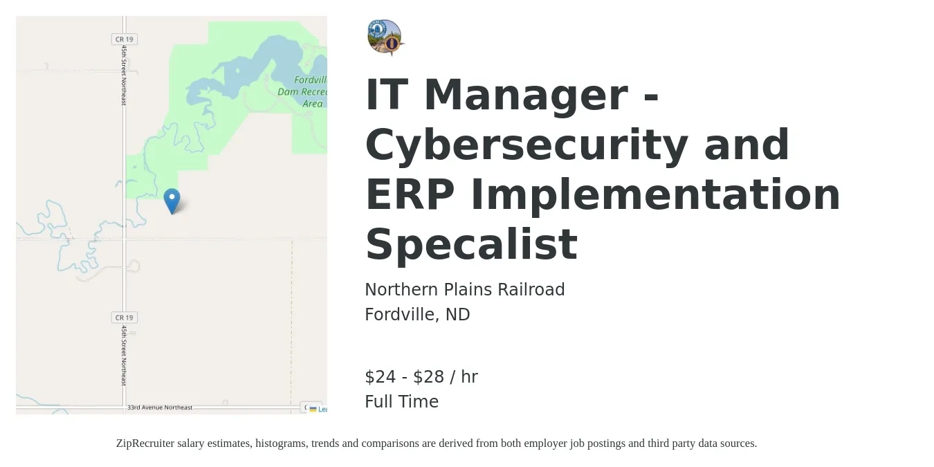 Northern Plains Railroad job posting for a IT Manager - Cybersecurity and ERP Implementation Specalist in Fordville, ND with a salary of $25 to $30 Hourly with a map of Fordville location.