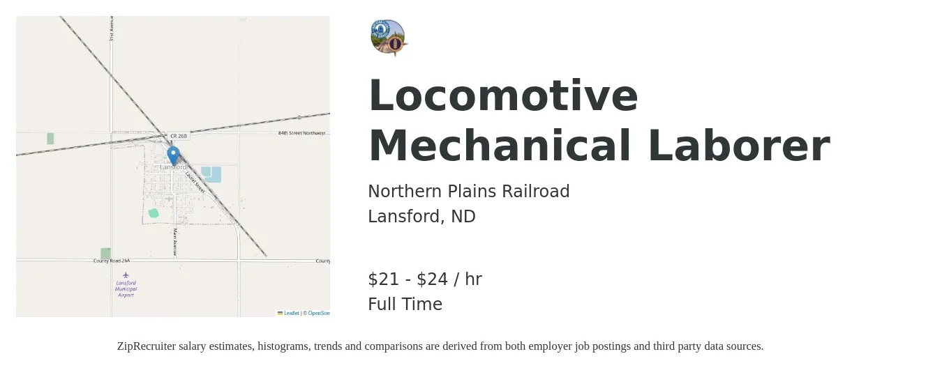 Northern Plains Railroad job posting for a Locomotive Mechanical Laborer in Lansford, ND with a salary of $22 to $25 Hourly with a map of Lansford location.