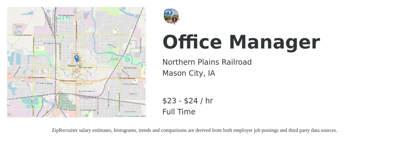 Northern Plains Railroad job posting for a Office Manager in Mason City, IA with a salary of $24 to $25 Hourly with a map of Mason City location.