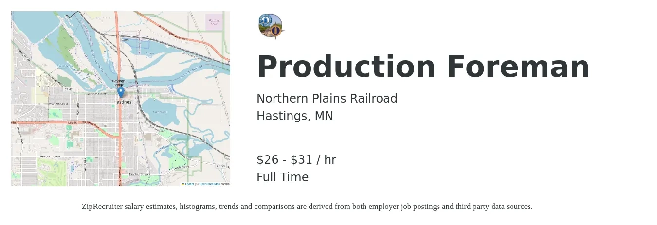 Northern Plains Railroad job posting for a Production Foreman in Hastings, MN with a salary of $28 to $33 Hourly with a map of Hastings location.