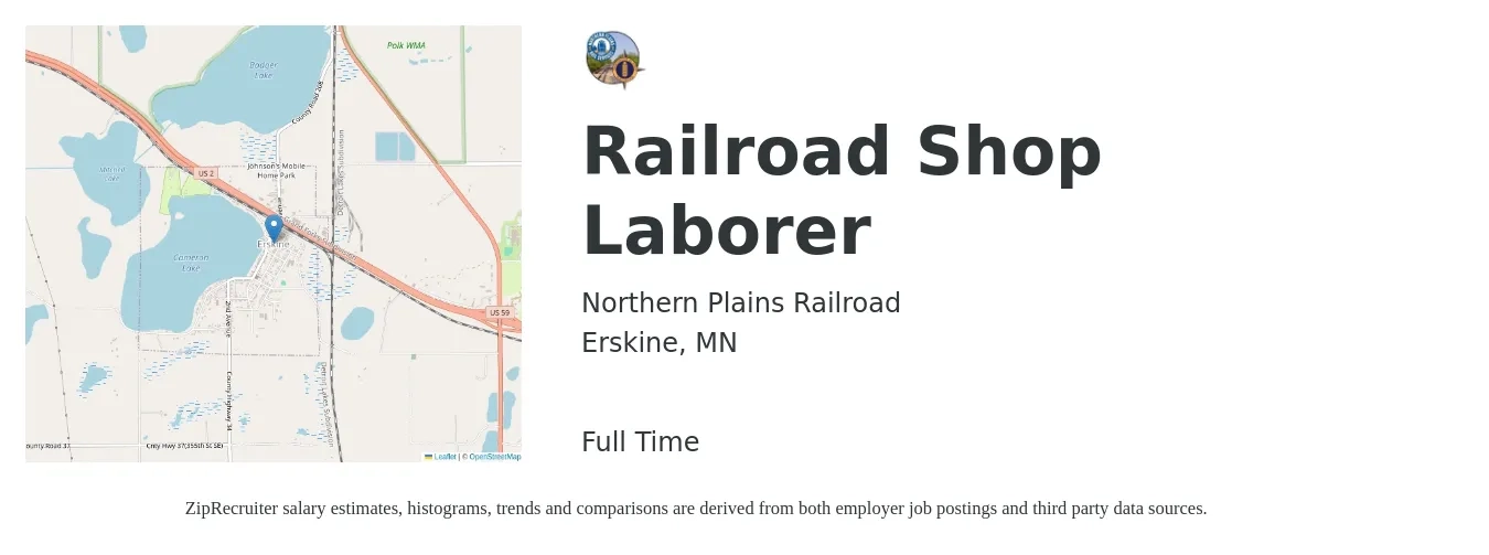 Northern Plains Railroad job posting for a Railroad Shop Laborer in Erskine, MN with a salary of $42,800 to $64,000 Yearly with a map of Erskine location.