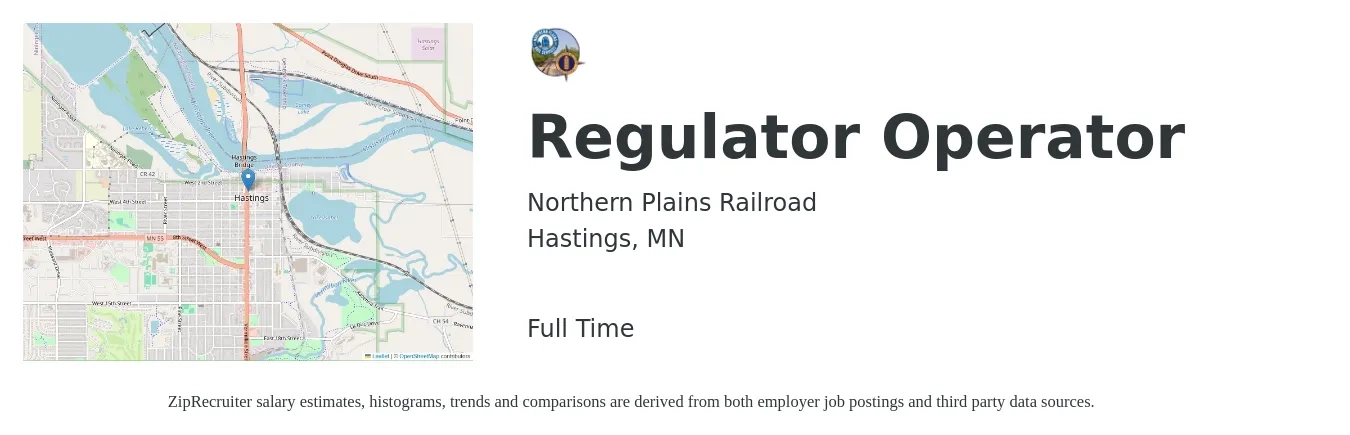 Northern Plains Railroad job posting for a Regulator Operator in Hastings, MN with a salary of $19 to $24 Hourly with a map of Hastings location.