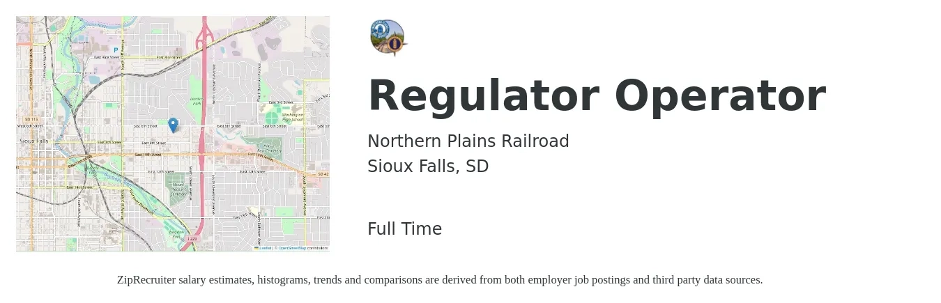 Northern Plains Railroad job posting for a Regulator Operator in Sioux Falls, SD with a salary of $19 to $24 Hourly with a map of Sioux Falls location.