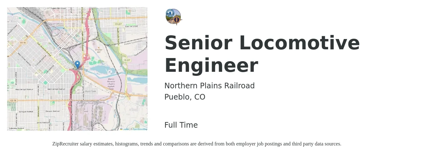 Northern Plains Railroad job posting for a Senior Locomotive Engineer in Pueblo, CO with a salary of $102,700 to $141,000 Yearly with a map of Pueblo location.