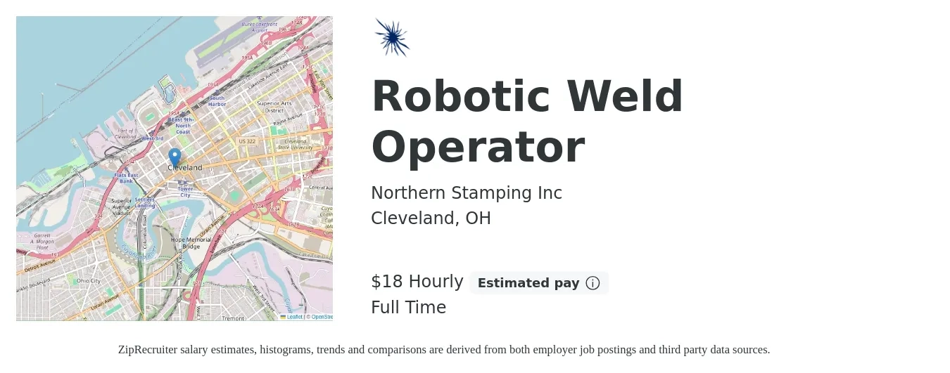 Northern Stamping Inc job posting for a Robotic Weld Operator in Cleveland, OH with a salary of $19 Hourly with a map of Cleveland location.