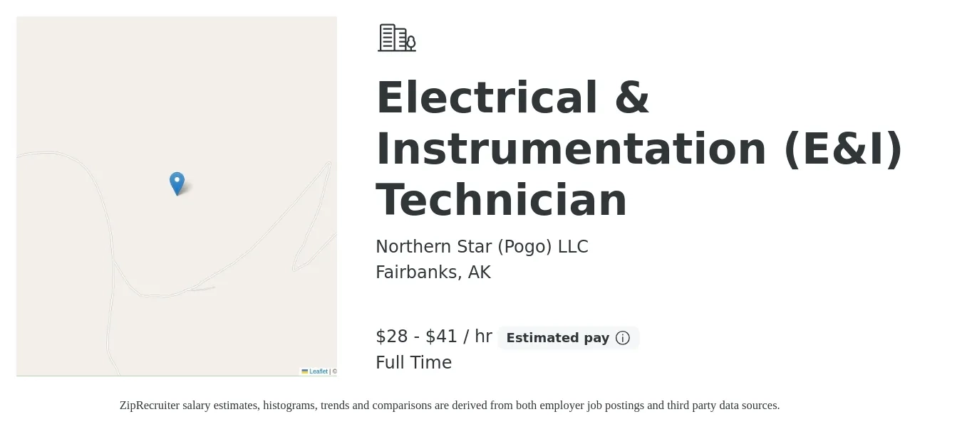 Northern Star (Pogo) LLC job posting for a Electrical & Instrumentation (E&I) Technician in Fairbanks, AK with a salary of $32 to $45 Hourly with a map of Fairbanks location.