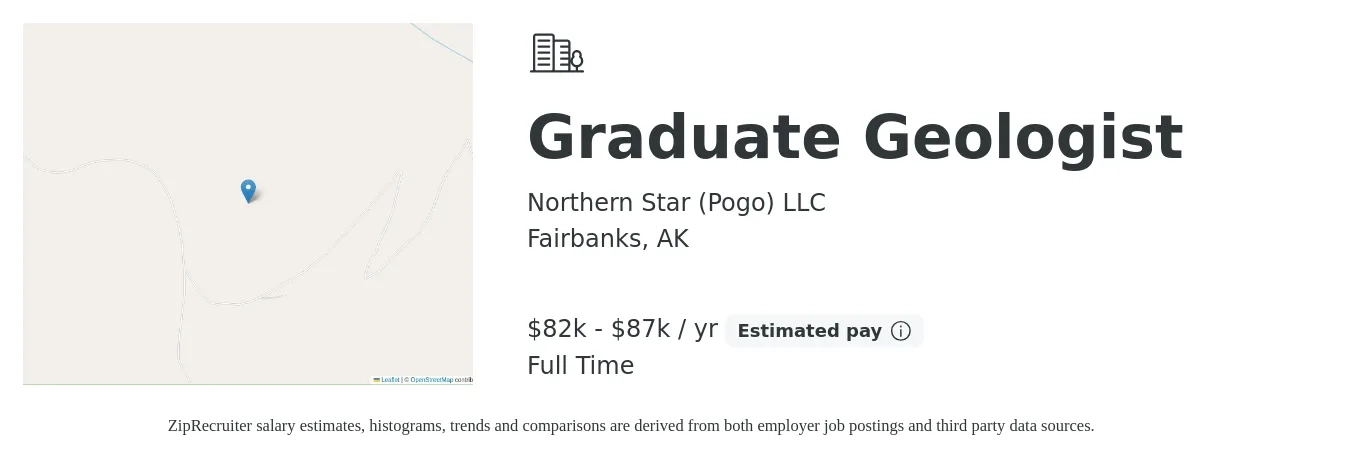 Northern Star (Pogo) LLC job posting for a Graduate Geologist in Fairbanks, AK with a salary of $82,000 to $87,000 Yearly with a map of Fairbanks location.