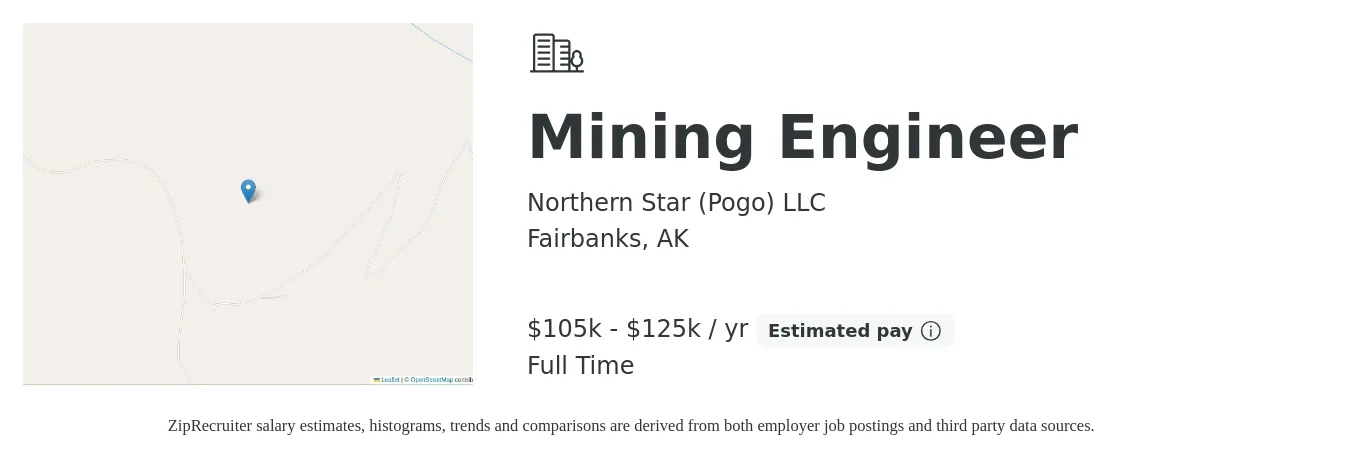 Northern Star (Pogo) LLC job posting for a Mining Engineer in Fairbanks, AK with a salary of $105,000 to $125,000 Yearly with a map of Fairbanks location.