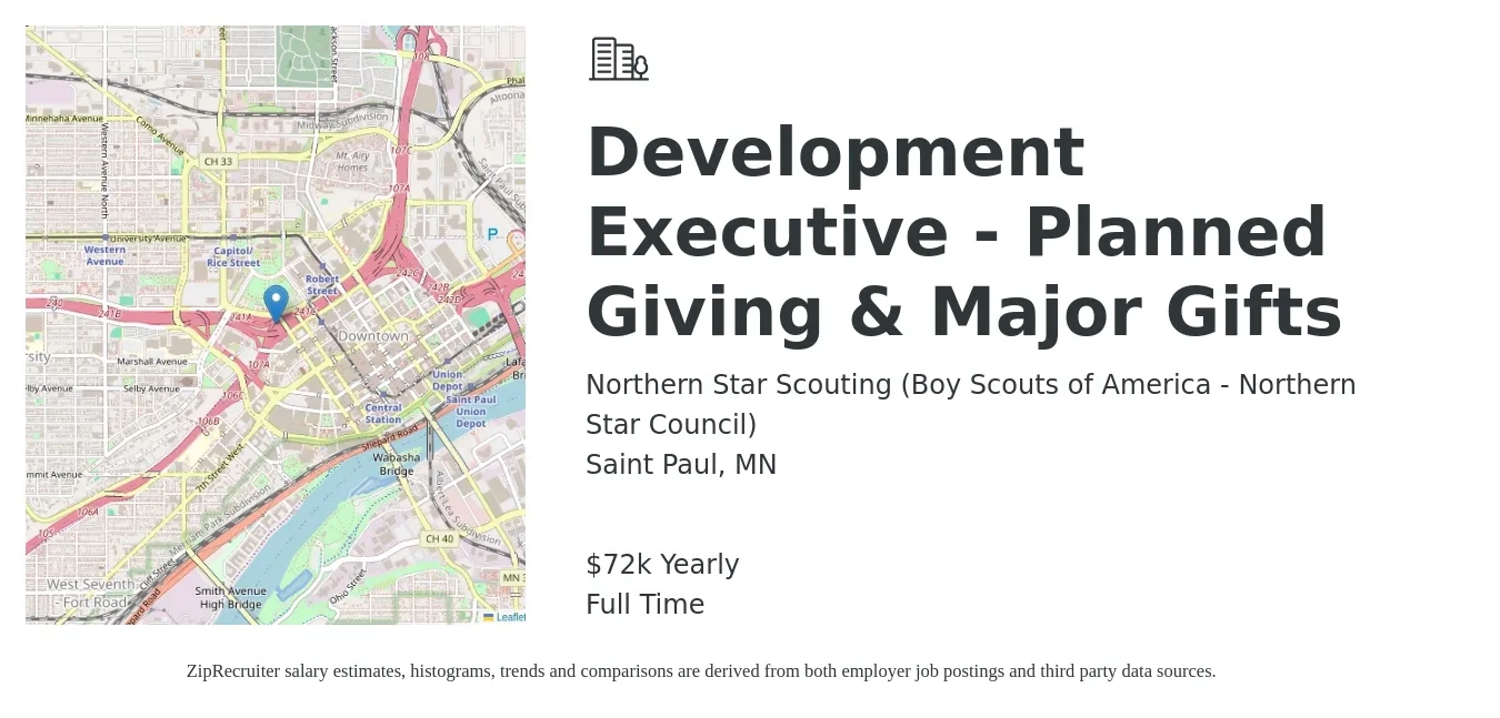 Northern Star Scouting (Boy Scouts of America - Northern Star Council) job posting for a Development Executive - Planned Giving & Major Gifts in Saint Paul, MN with a salary of $72,000 Yearly with a map of Saint Paul location.