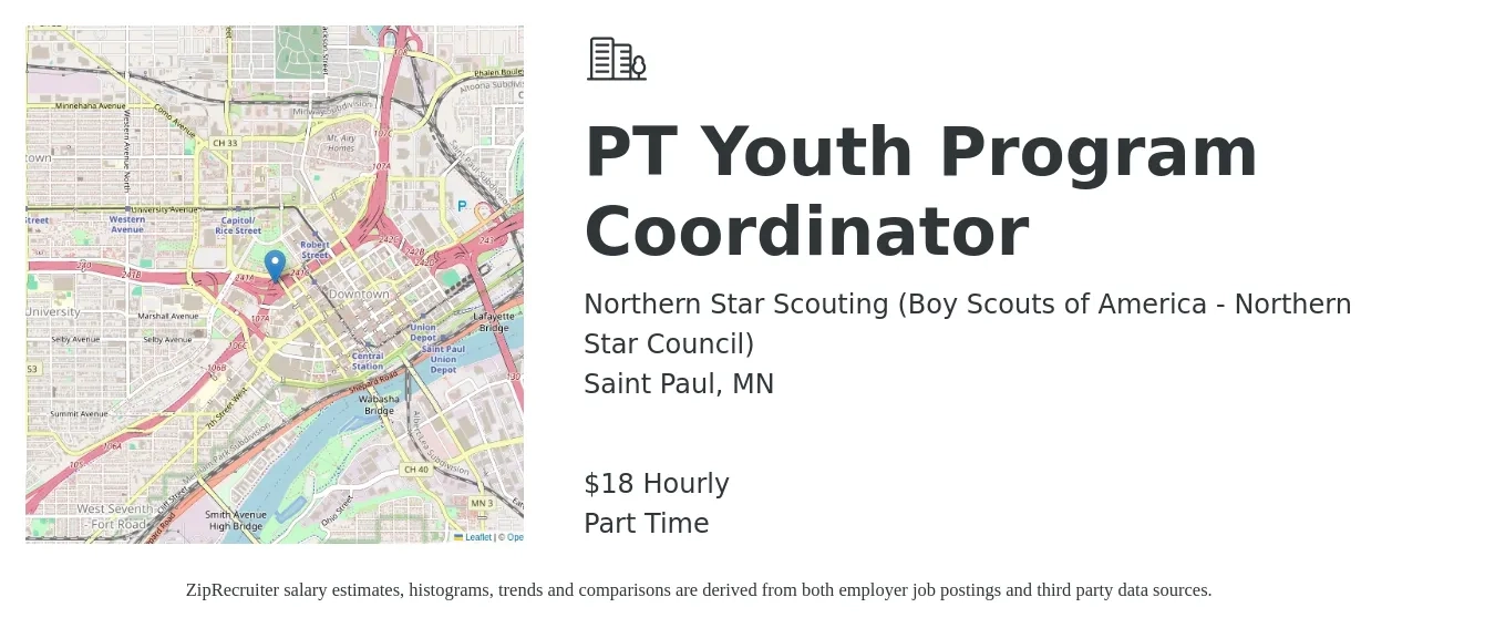 Northern Star Scouting (Boy Scouts of America - Northern Star Council) job posting for a PT Youth Program Coordinator in Saint Paul, MN with a salary of $19 Hourly with a map of Saint Paul location.